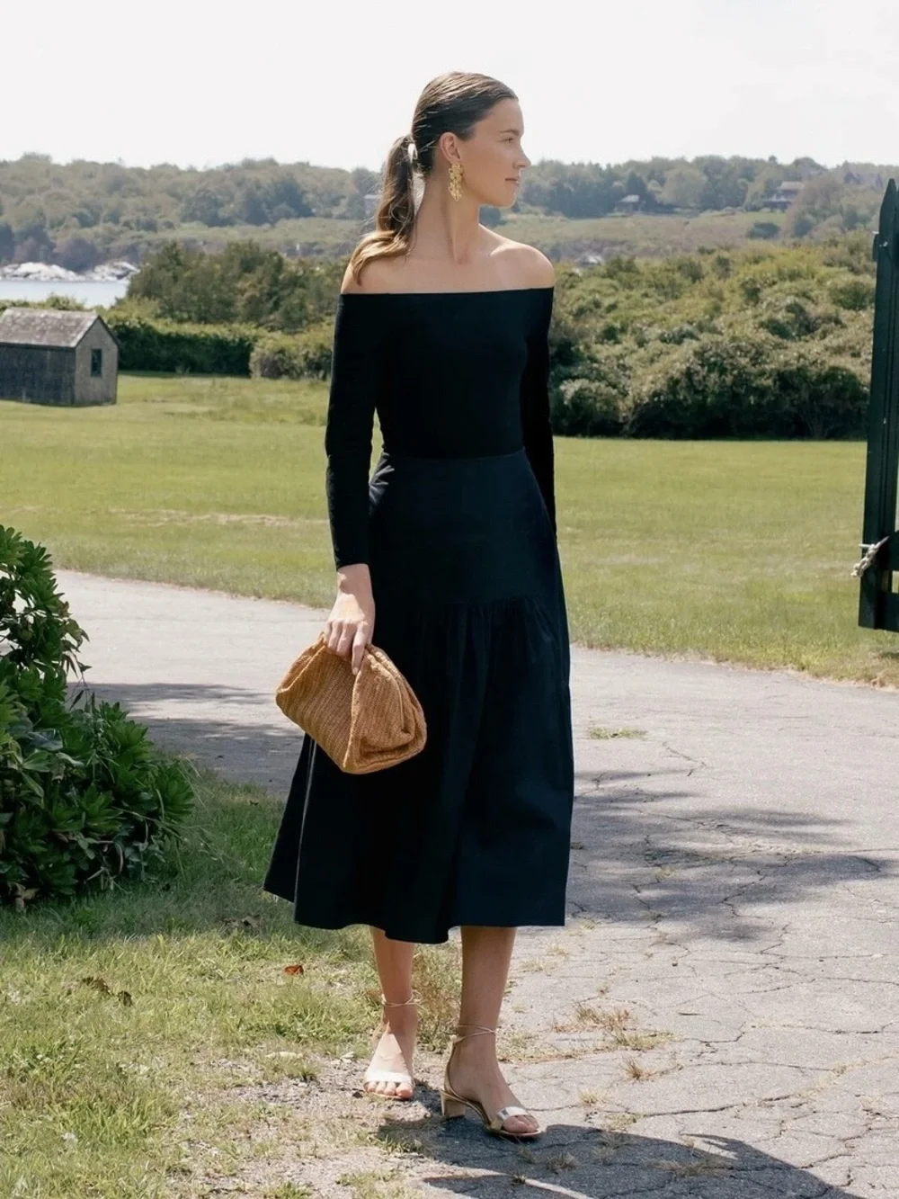 Tuckernuck | Black Off-Shoulder Marissa Long Sleeve Tiered Midi Dress ~ XXL